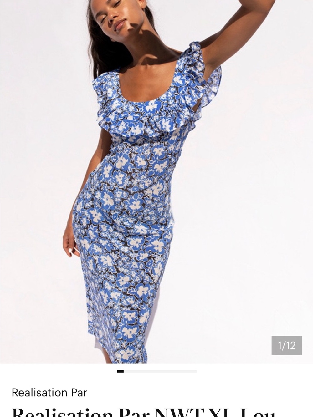 RefBlue Floral Ruffle-Sleeve Midi Dress